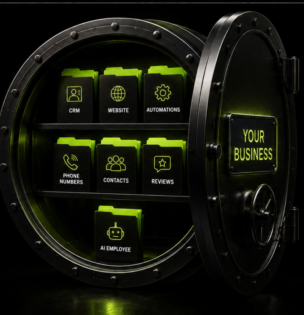A vault holding your CRM, website, automations, phone numbers, contacts, reviews, and AI employee — labeled Your Business